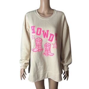 Relaxx Sweatshirt Womens Large Howdy Beige Pink Cowboy Boots Stretch Oversized